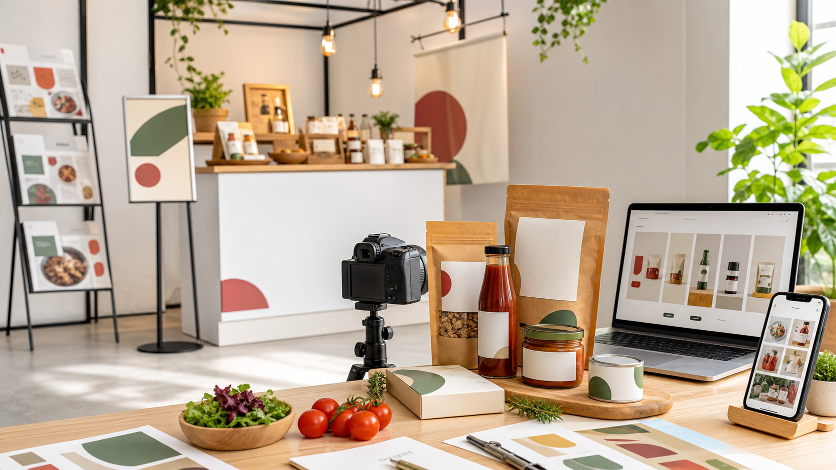 食品パッケージ、EC画面、出展ブース、撮影、SNS投稿を横断して相談できるFAQイメージ