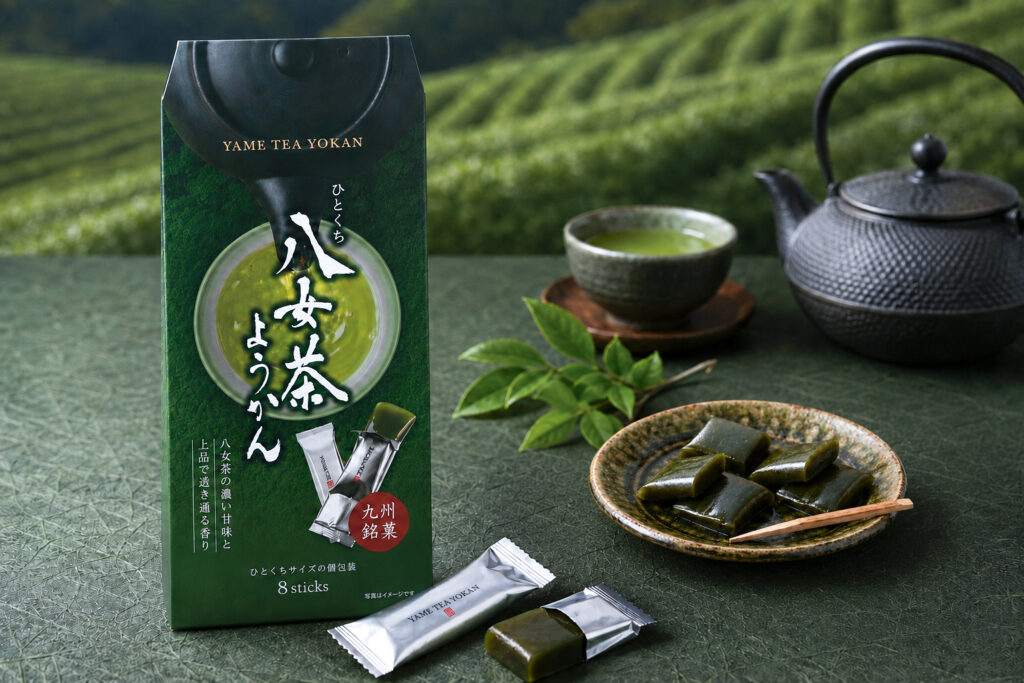 八女茶の濃厚な味わいと上品さを伝える、ひとくち羊羹のパッケージ